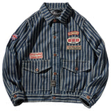 Cowboy men's American retro badge patch loose pocket tooling lapel striped jacket men's