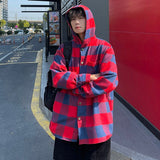 Trendy Plaid Hooded Shirt Men's Casual Jacket Baggy Korean Fashion Single Breasted Blouses Male Harajuku Hoody Cargo Coats