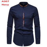 Foesce Men's Royal Blue Dress Shirts Brand Banded Mandarin Collar Shirt Male Long Sleeve Casual Button Down Shirt with Pocket 2XL