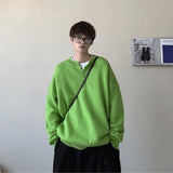 Winter New Solid Color Round Neck Pullover Green Sweater Men Korean Clothes Loose Casual Button Knitted Sweater Bottoming Shirt