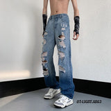 Foesce- American Scraped Torn Jeans Men's Summer Autumn Hiphop High Street Beggar Pants Retro Straight Tube Loose Wide Leg Denim Pants