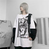 Long-sleeved T-shirt Autumn Korean Style Harajuku Bf Style Dark Girl Printing Loose Fake Two-piece Female Student Top Shirts