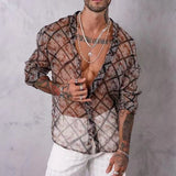 Fashion Pattern Printing Mens Shirt Sexy See Through Mesh Thin Shirts Long Sleeve Button-up Turn-down Collar Casual Cardigan Men