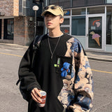 Hybskr Streetwear Contrast Color Bear Printed Men Sweatshirts Harajuku Oversized Autumn Male Pullovers Patchwork O Neck Hoodies