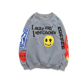 Foesce Harajuku Retro Smiley Flame Print Round Neck Sweatshirts Men and Women Plus Velvet Streetwear Fleece Hoodie Pullover