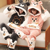 Foesce Couple Pajamas Set Women Men Thicken Pyjamas Winter Warm Anime Bear Kawaii Sleepwear Korean Loose Lovers Homewear Pijamas Suit