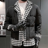 Fake Two-piece Houndstooth Stitching Lapels Jacket Winter Korean Trend Jacket Men Top Quality Solid Color Thick Coat Snow Parka