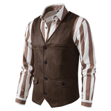 Vintage Vest Mens Faux leather V-Neck Sleeveless Jackets Fashion Single Breasted Casual Classical Suit Business Slim Fit Costume