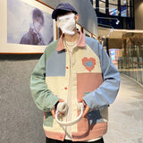 Foesce Jackets Men American Retro Pockets Hip Hop Patchwork Outwear Autumn High Street All-match 90's Couple Regular Turn Down Collar