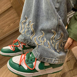 Men's Retro Embroidery Flame Jeans Neutral Wide Leg Denim Trousers Loose Straight  Man Jeans Pants Boy Casual Baggy Hip Hop