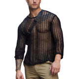 Men Mesh Top See Through Long Sleeves Round Neck Hollow-out Sexy Dress Up Men Bottoming Shirt Knitted Mesh Top Clothing for Male