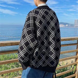 Foesce Men Sweater Cardigans Spring Autumn Fashion Argyle Print Tops Single-breasted V-neck Sweaters Tops