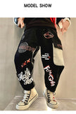 Boys KidsTrendy Letter Design Ribbon Trousers Pants Casual Cotton Multi-Pocket Cargo Pants Boy Hip Hop