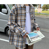 Foesce Mens Harajuku Plaid Vintage Shirts Man Japanese Streetwear Pockets Shirts Long Sleeve Male Casual Button Up Shirt