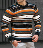 Spring and Autumn Men's New Loose Crewneck Sweater Waffle Digital Printing Colorful Striped Casual Sweater