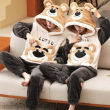 Foesce Couple Pajamas Set Women Men Thicken Pyjamas Winter Warm Anime Bear Kawaii Sleepwear Korean Loose Lovers Homewear Pijamas Suit