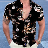 Foesce Fashion Floral Printed Short Sleeve Shirts Men Spring Summer Casual Loose Turn-down Collar Buttoned Cardigan Shirt Men's Clothes