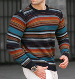 Spring and Autumn Men's New Loose Crewneck Sweater Waffle Digital Printing Colorful Striped Casual Sweater