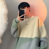 Stylish O-Neck Knitted Spliced All-match Korean Color Sweater Men's Clothing Autumn New Casual Pullovers Loose Warm Tops