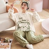 Warm Winter Flannel 2 Piece Set Women's Pajamas Thick Coral Fleece Long Sleeves Homewear Cute Bear Lapel Bow Female Sleepwear