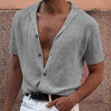 Summer Men's Knitted Shirt  Cool Silk Fabric Short Sleeve Buttons Thin Loose Shirts For Men Vintage Mens Clothing Tops