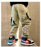 Boys KidsTrendy Letter Design Ribbon Trousers Pants Casual Cotton Multi-Pocket Cargo Pants Boy Hip Hop