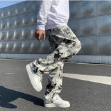 Straight Leg Jeans Printed Jean Mens Fashion Mopping Trousers Korean Style Hip Hop Fancy Jeans Men's Pants Man Baggy Male Long