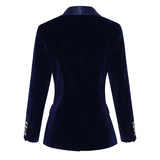 Foesce Dark Blue Black Blazer Women Spring Autumn Long Sleeve Velvet Coats Shawl Collar Single Button Blazers Women Jacket Coat Female