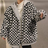 Women's Plaid Jackets Vintage Harajuku Oversized Korean Fashion Streetwear Zipper Female Black White Winter Coats Basic