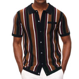 Foesce Men’s Short Sleeve Knit Sports Shirt Modern Polo Shirts Vintage Classics Stripes Knitted Buttoned Shirt Men's Clothing Golf Wear