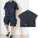 Summer Quick-drying Sets Men Japanese Multi Pocket Solid Color Shirt+Cargo Shorts Fashion Half Sleeve Loose Two Piece Set Unisex