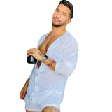 Men Playsuits Spring Summer Fashion Long Sleeve O-Neck Slim Fit Playsuits Men Sexy Single-Breasted Cardigan Straight Playsuits