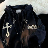 Foesce Vintage Angel Ears Hoodie Women Letter Embroidery Zipper Hooded Sweatshirt Harajuku Gothic Oversized Jacket Coats Y2k Streetwear