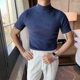 Foesce Men's Short Sleeve Knitted Clothing All Match Slim Fit Sweater Stretched High Collar Casual Homme Pullovers Bottomed Shirt