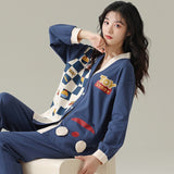 Spring Autumn Cotton Cartoon Print Couple Pajama Sets Pyjamas Kawaii Sleep Loungewear Plaid Sleepwear Suits Pajamas for Lovers