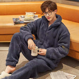 Warm Sleepwear Men's Coral Fleece Winter Thick Pajamas Set Male Long Sleeve Trousers Pijama Casual Pyjamas Mujer Home Wear