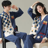 Spring Autumn Cotton Cartoon Print Couple Pajama Sets Pyjamas Kawaii Sleep Loungewear Plaid Sleepwear Suits Pajamas for Lovers