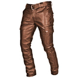 Foesce Fashion Solid Color Leather Trousers Men Spring Streetwear Casual Mutil Pockets Cargo Pants For Mens Leisure PU Long Pant