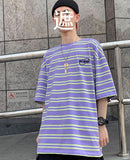 Urban Purple Striped Top Summer New O-neck Short-sleeved T-shirt Hong Kong Style Trend Men Korean Loose Unisex Y2K Shirt