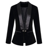 Foesce Dark Blue Black Blazer Women Spring Autumn Long Sleeve Velvet Coats Shawl Collar Single Button Blazers Women Jacket Coat Female