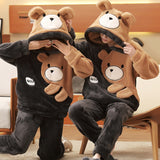 Foesce Couple Pajamas Set Women Men Thicken Pyjamas Winter Warm Anime Bear Kawaii Sleepwear Korean Loose Lovers Homewear Pijamas Suit