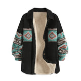 Fleece Lined Ethnic Aztec Printed Corduroy Shacket Women Drop Shoulder Button Up Shirt Jacket Autumn Casual Outerwear