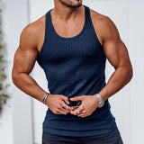 Casual Solid Color Woven Tank Tops Men Fashion Slim Fit Crew Neck Sleeveless Vest For Mens Sports Training Fitness Ribbed Tops