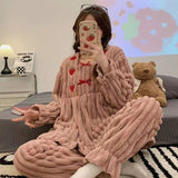 Warm Winter Flannel 2 Piece Set Women's Pajamas Thick Coral Fleece Long Sleeves Homewear Cute Bear Lapel Bow Female Sleepwear