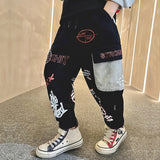 Boys KidsTrendy Letter Design Ribbon Trousers Pants Casual Cotton Multi-Pocket Cargo Pants Boy Hip Hop