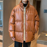 Thicken Solid Color Mens Parkas Oversized Warm Winter Leather Coats Harajuku Fashion Male Loose Cotton Padded Jackets