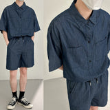 Thin Denim Suits For Men's Vintage Wash Jean Cloth Two-piece Short Sleeved Lapel Shirt and Shorts Outfits Y2k Summer Casual Sets