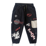 Boys KidsTrendy Letter Design Ribbon Trousers Pants Casual Cotton Multi-Pocket Cargo Pants Boy Hip Hop