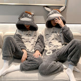 Foesce Winter Thicken Women Men Couple Pajamas Jumpsuits Cartoon Cat Kawaii Sleepwear Onesie Lover Pyjamas Hoodie Coral Fleece