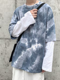 Foesce  Tie-dye Fake Two-piece Long-sleeved T-shirt Men's Korean Trend All-match Hip Hop Clothes Preppy Oversize Trend T-shirt